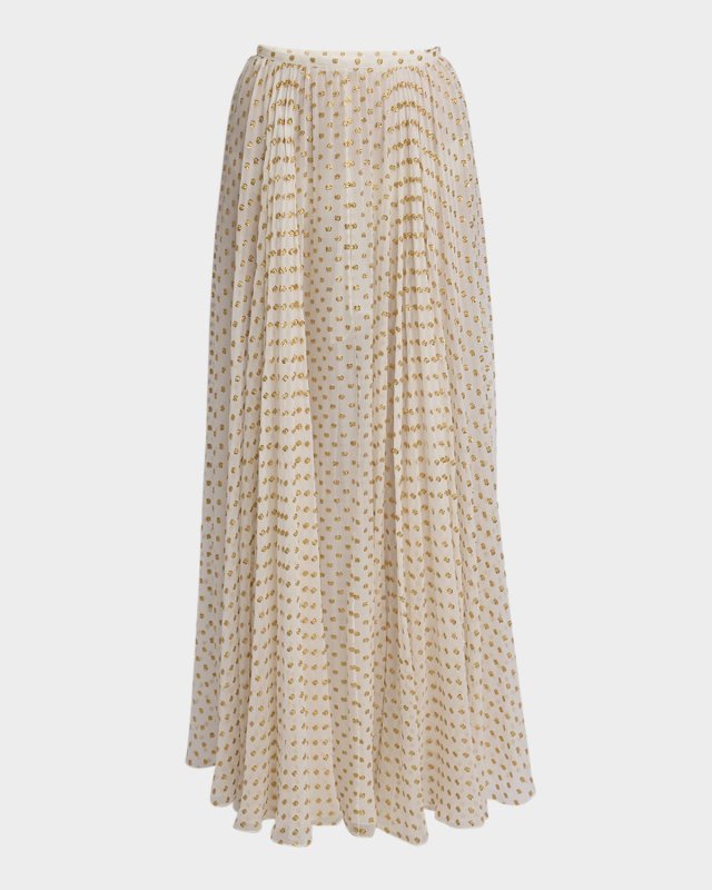 Metallic Polka-Dot Silk Gathered Maxi Skirt
